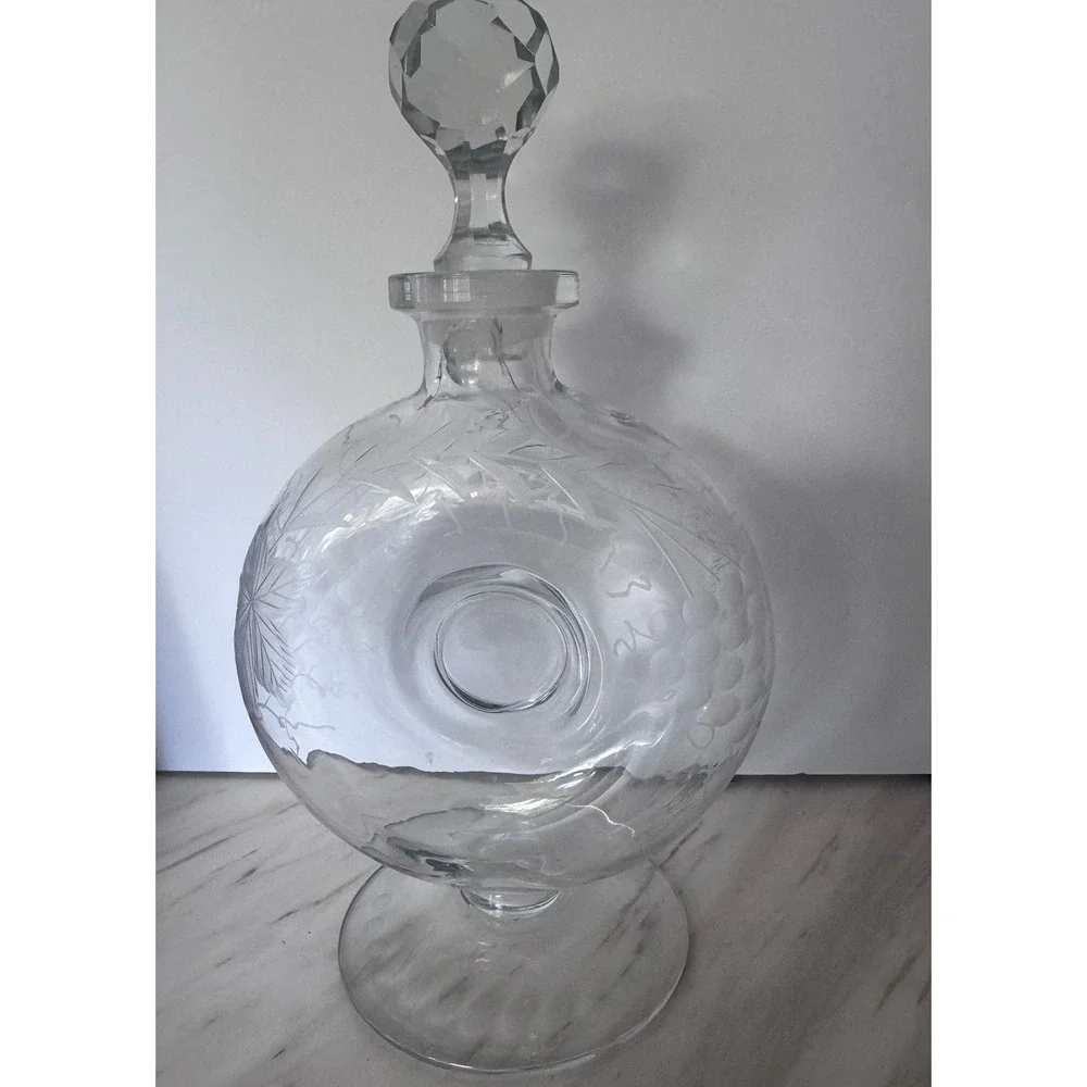 Vintage Etched Glass Donut Decanter Grape Vine Motif Faceted Stopper Clear